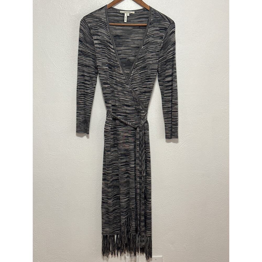 Max and Cleo Faux Wrap Fringe Dress M Grey Viscose Knit Gossip Girl Day to Night